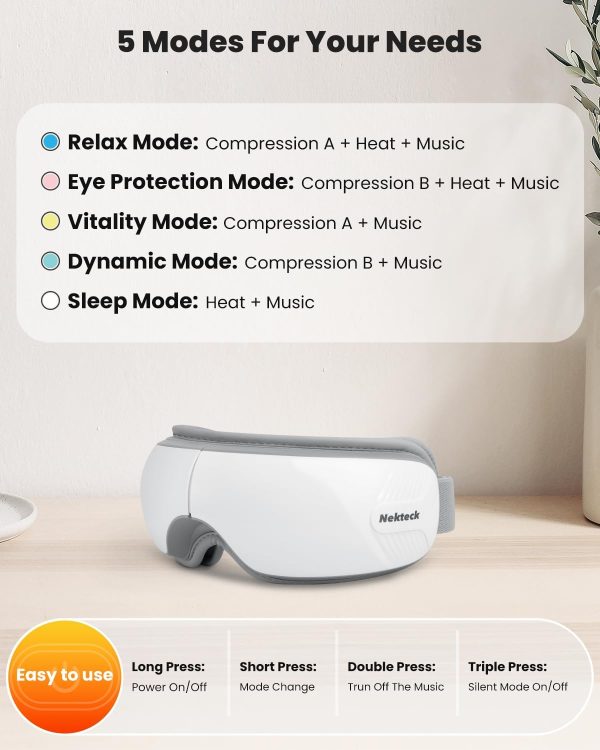 Nekteck Eye Massager with Heat, Bluetooth Eye Mask Massage for Migraine Relief, Heated Smart Migraine Massager to Reduce Strain, Dry Eyes, Sleep Relaxation, Fathers Day Birthday Gifts for Dad Her Him - Image 7